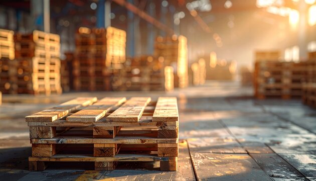 Wooden pallet stacked in empty in the warehouse.