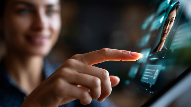 A close-up of a European hand taps softly a glowing virtual customer service AI avatar with floating chat bubble icons in a moody dark office, digital customer support concept, fac