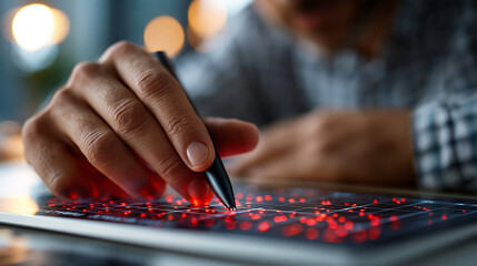 Naklejka premium A close-up of a European businessman hand plots softly a glowing risk assessment matrix with probability and impact axes and color-coded risk zones in a moody dark office, strategi