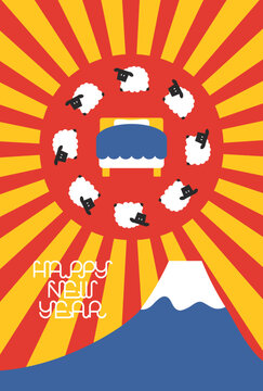 未年年賀状素材 富士山とサンバースト初日の出と羊とベッド