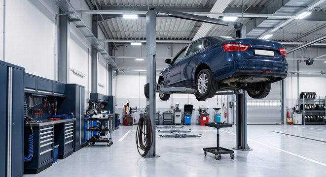 Raised car on a workshop lift with service equipment as raised car detail for auto service and vehicle inspection in a garage