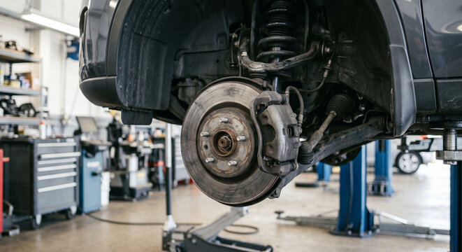 Brake hub under raised car with wheel removed as brake hub detail for suspension service and car repair in a garage inside the garage