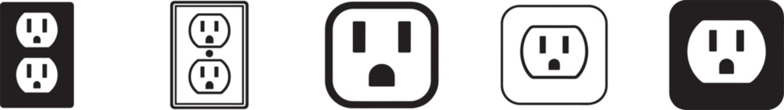 NEMA 5-15 grounded power outlet and AC plug icon set. Electric socket vector symbols for UI use.