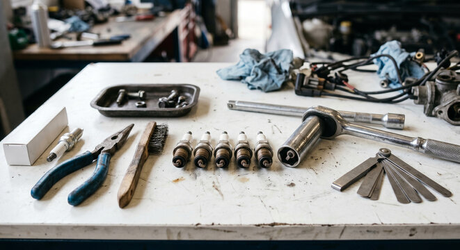 Hand tools and socket parts on a workbench as hand tools detail for car repair maintenance in an auto service workshop inside the garage