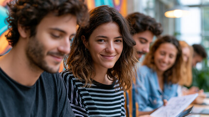 Obraz premium A candid documentary-style photo of a Brazilian creative agency team brainstorming softly in front of a large colourful mural wall in a bright São Paulo open studio office, diverse