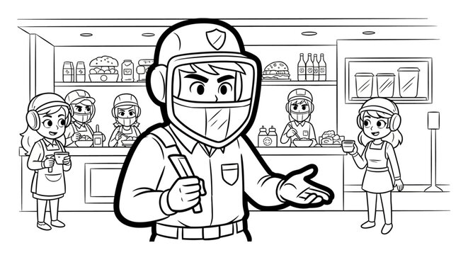 Cartoon security guard enforcing store safety measures indoors.