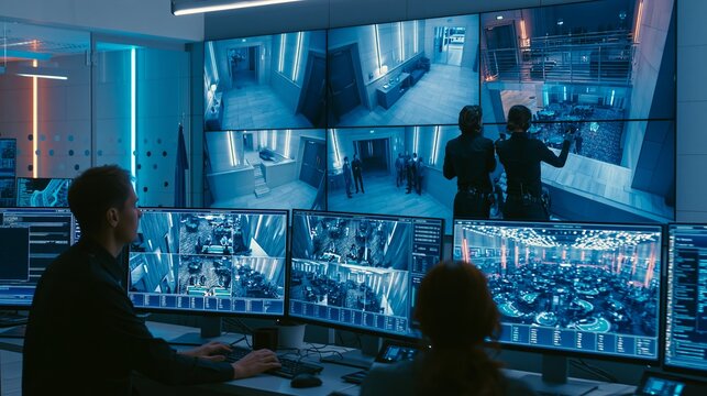 Dramatic casino security surveillance room, multiple screens showing casino floor, blue tinted lighting