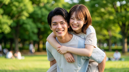 Obraz premium 公園で女性をおんぶする男性 笑顔で寄り添うカップル