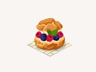 Mixed berries cream puff vector illustration. French choux pastry filled with vanilla whipped cream, decorated with fresh raspberry, blackberry, and mint leaf. © Akasha Design