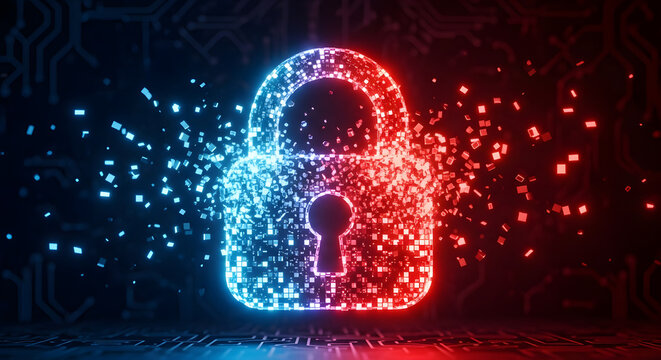 Abstract digital padlock splitting into blue and red pixels representing cyber security breach.