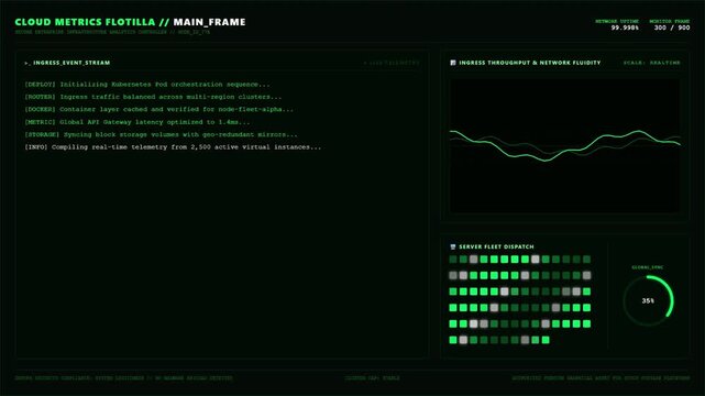 Futuristic Cloud Computing Network Server Monitor Dashboard UI Green.