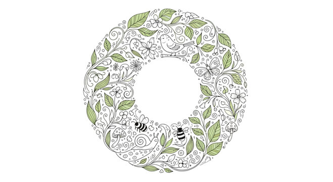 Hand Drawn Floral Wreath with Woodland Animals and Insects