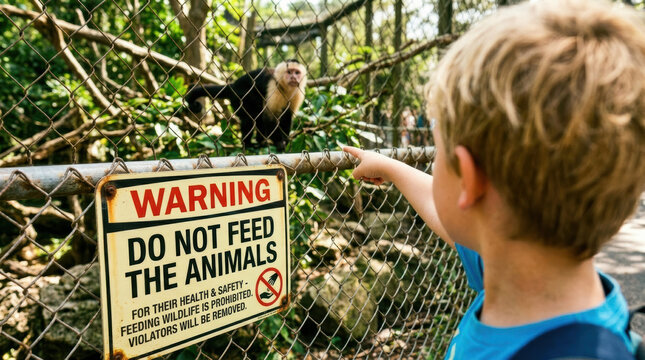 Warning sign child pointing animal fence Warning sign beside child pointing at animal behind fence, outdoor zoo enclosure with safety message and green foliage