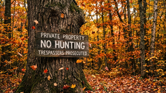 Private property no hunting warning sign oak tree autumn forest trespasser notice on rough bark with orange foliage fallen leaf quiet woodland path