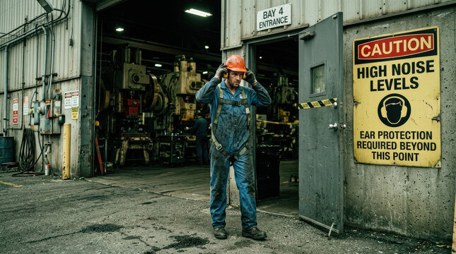 Worker ear muff safety factory noise protection industrial helmet sign entrance worker putting ear muffs near factory entrance with high noise warning sign, wearing helmet and workwear industrial