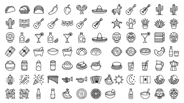 Mexican culture vector icon bundle with fiesta food music and traditional elements