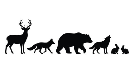 Fototapeta premium Black silhouettes of deer, fox, bear, wolf howling, and two rabbits on white background