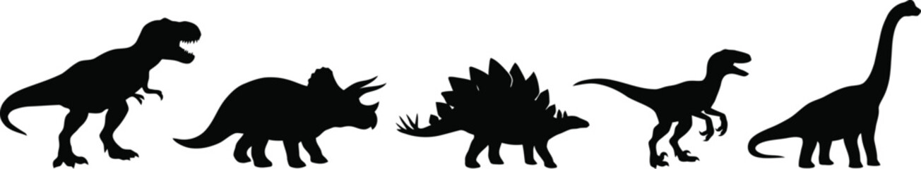 Black silhouettes of five distinct dinosaur species, including tyrannosaurus rex, on white © Graphic Shops