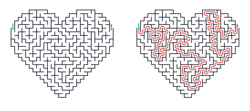 Heart-shaped maze with path highlighted in red on white background  