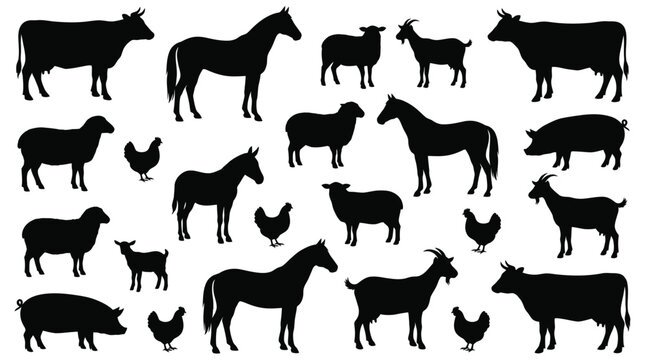 Collection of black farm animal silhouettes including cows, horses, sheep, pigs, goats, and chickens