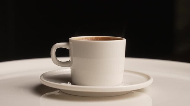Traditional Turkish coffee in a white porcelain cup spinning on a large white plate, fa01