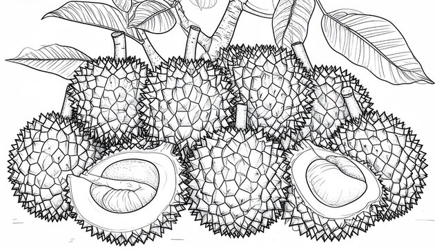 Bunch of lychees with leaves botanical line art.