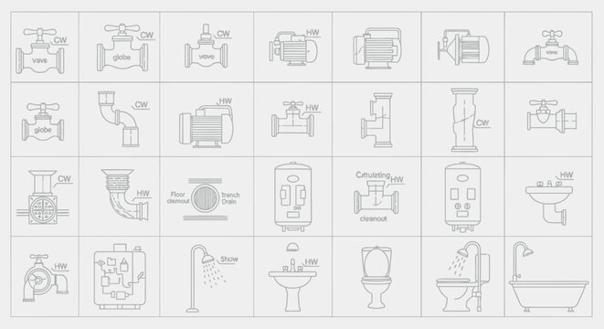 Comprehensive collection of plumbing and HVAC system icons in clean flat line vector style
