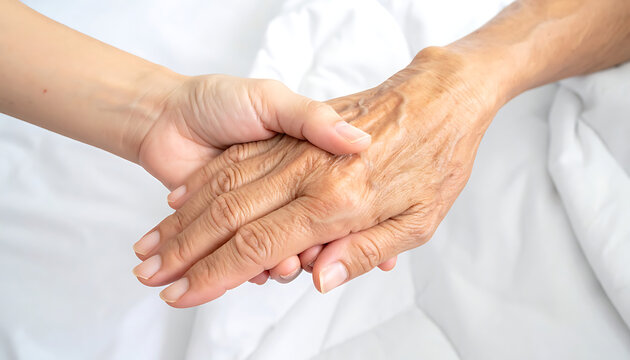Gentle caring hands, a younger hand holds an older wrinkled hand in a gesture of support and love, comfort and compassion