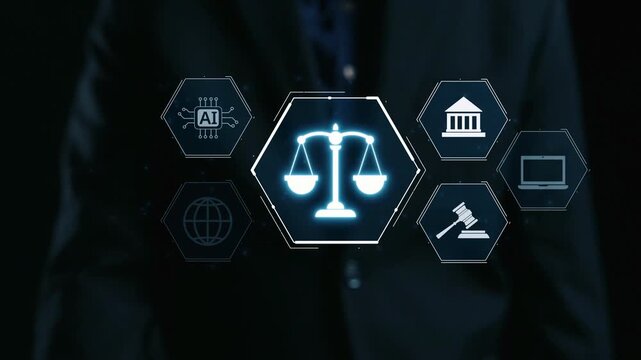 Futuristic digital law interface displaying justice scale, highlighting digital law, AI compliance, digital law systems, and digital law regulations for secure governance. Elide