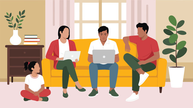  happy family using laptop together in living room flat vector illustration modern home interior parents and children learning online remote work digital lifestyle concept