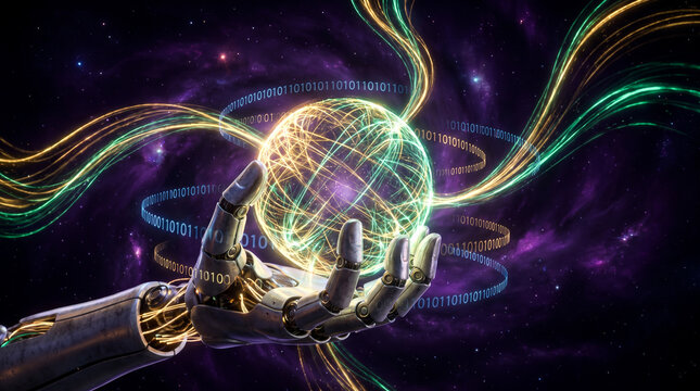 Futuristic robot hand holding a glowing quantum neural sphere with golden energy streams, representing artificial intelligence, deep learning, machine learning, advanced computing, and next-generation