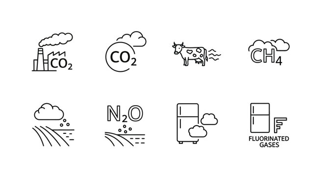Greenhouse Gases and Climate Change Line Icon Set