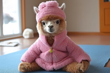Fototapeta premium alpaca wearing yoga instructor gear holding mat fitness studio concept