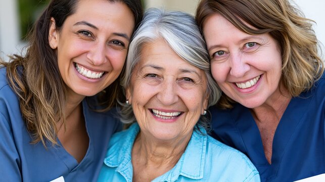 Three smiling women of different generations, two caregivers and one senior, happy togetherness