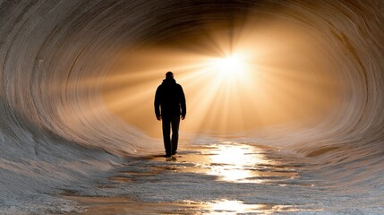 Fototapeta premium Lone figure walking towards bright sunlight at the end of a dark, reflective tunnel