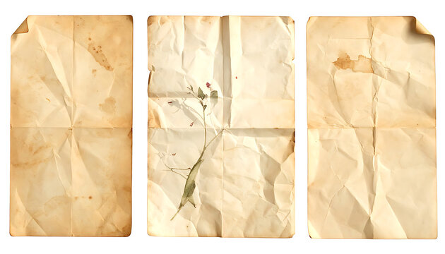 three old crumpled paper pages with stains and creases, vintage texture background for design and scrapbooking