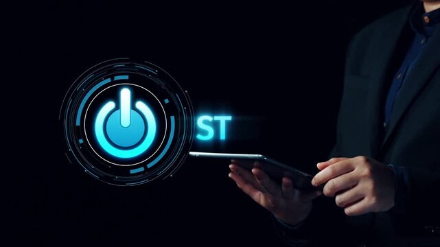 Start 2025 concept with futuristic power button symbolizing fresh beginnings, innovation, and digital transformation. Start 2025, new goals, and start 2025 initiative. Elide