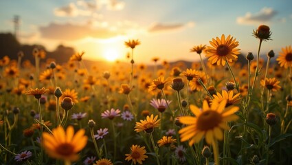 Fototapeta premium Vibrant field of yellow daisies and purple flowers under a sunset sky, with soft clouds and warm sunlight illuminating the landscape