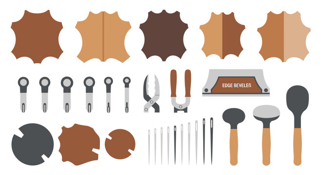 Leather Crafting Tools and Materials Flat Design Vector Set
