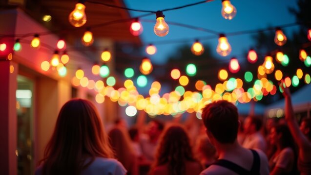 Outdoor evening gathering with people enjoying colorful string lights illuminating the scene, creating a festive atmosphere in a backyard setting