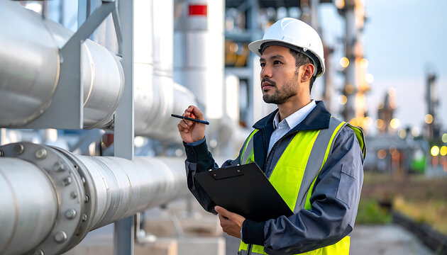 Engineer in hard hat and safety vest inspects pipes at an industrial plant, documentation and safety checks, energy sector