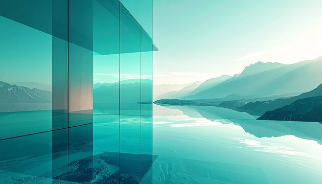 Gradient Turquoise Glass Reflection with Sunset Ocean View and Infinity Pool