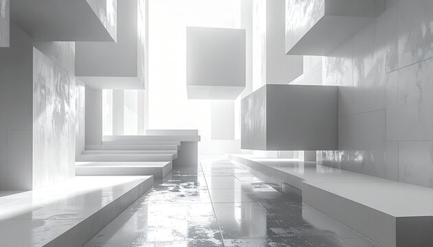 Monochrome Abstract Floating Rectangles Clean White Geometric Architectural Space