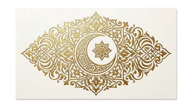 Golden Islamic Arabesque Art with Crescent Moon and Star on White
