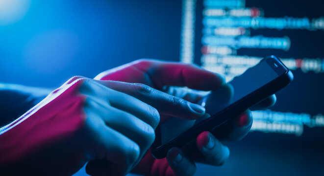 Hands using a smartphone in front of digital code representing cybersecurity and mobile data protection concepts