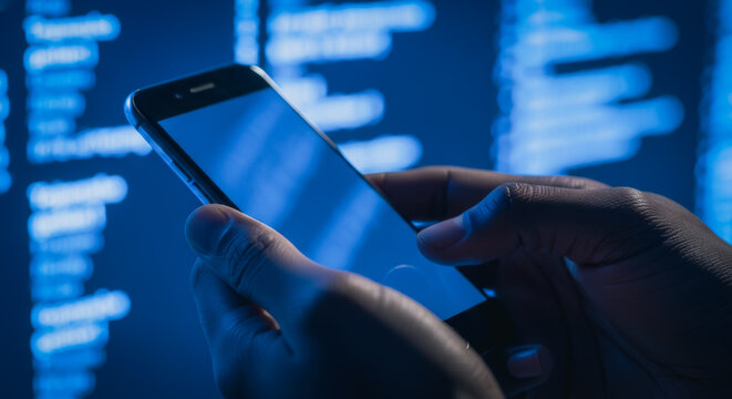 Person's hands holding a smartphone in a dark workspace representing mobile application development and coding.
