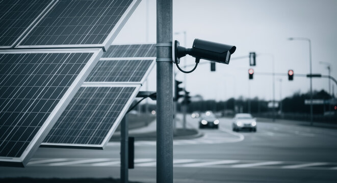 Security camera and solar panels at a city intersection representing smart city infrastructure and surveillance technology