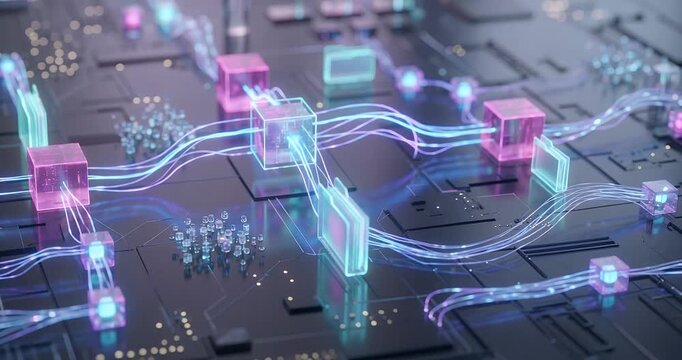 Big data flow concept: Futuristic digital circuit board with glowing interconnected nodes and network pathways.