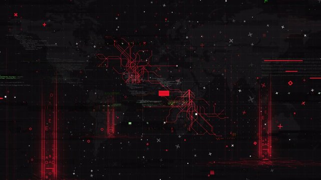 Abstract Digital Background with Glowing Red Data Particles and Cybernetic HUD Elements.