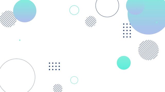 Minimalist memphis background animation with floating geometric circles, dots, and lines in blue and turquoise gradient colors, isolated on white backdrop